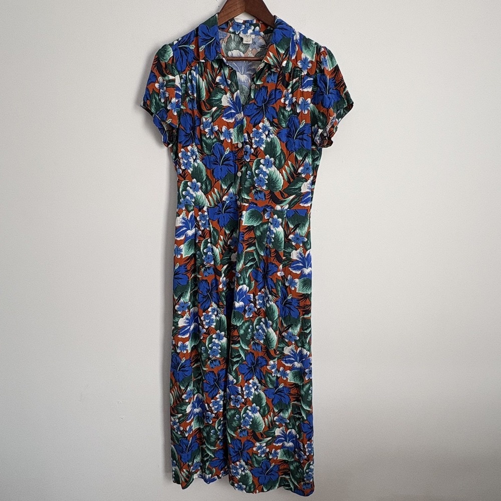 J. Crew Womens Midi Button Up Shirt Dress Size S Blue Tropical Floral